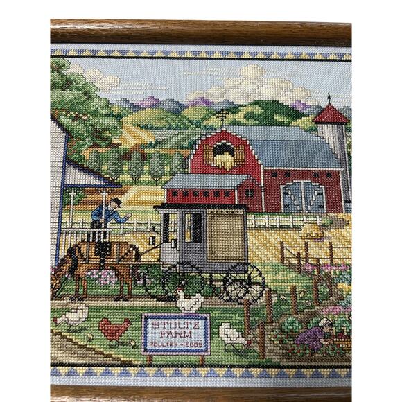 Stoltz Farm Needlepoint Amish Chickens Poultry Eggs Buggy Rooster House 1987 25” - Picture 4 of 7
